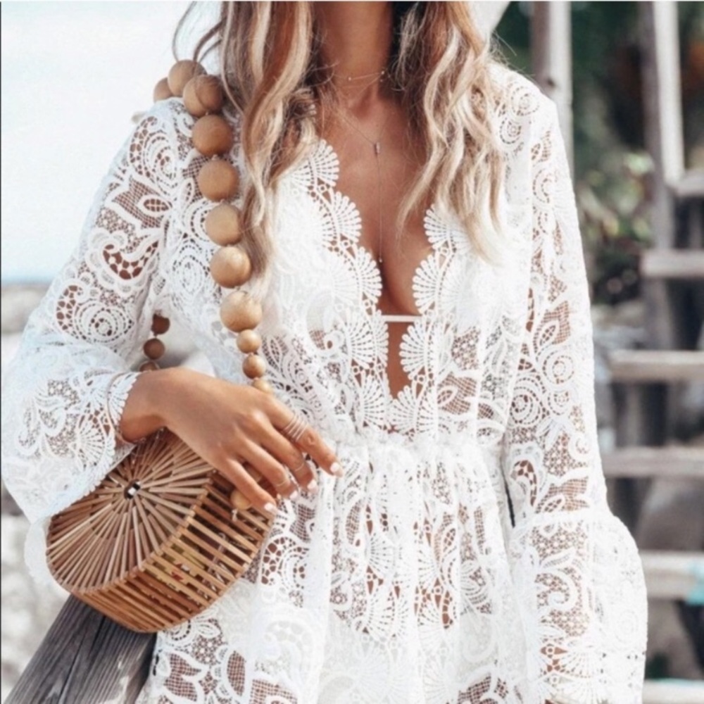 SOLD OUT White Scalloped Lace Sheer Long Sleeve Coverup - Picture 6 of 6